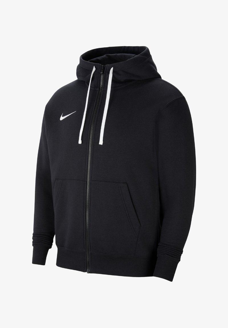 Černá zipová mikina vyrobená z měkké tkaniny, s bílým logem Nike, dvojitými postranními kapsami, žebrovanými manžetami a stahovací kapucí.