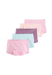 Fem par bomullsboxershorts i rosa, ljusblå, lavendel, ljus persika och mörklila. Varje par har en mjuk, slät textur.
