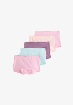 Vijf paar katoenen boxershorts in roze, lichtblauw, lavendel, lichtperzik en dieppaars. Elk paar heeft een zachte, gladde textuur.