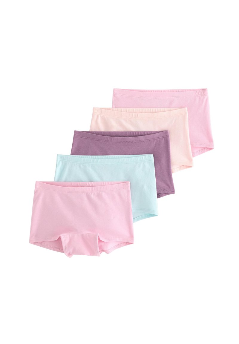 Fem par bomullsboxershorts i rosa, ljusblå, lavendel, ljus persika och mörklila. Varje par har en mjuk, slät textur.