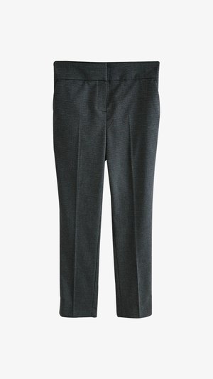 Pantalons à carreaux noirs et gris en tissu texturé avec une coupe droite, dotés d'un devant plat et sans poches visibles.