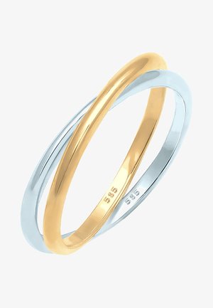 Sammenflettede ringe i guld og sølv med glatte, polerede overflader. Indvendige ringbånd har indgraveringerne "585", der angiver guldets renhed.