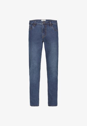 Denim jeans in dark blue wash with a straight-leg cut, five-pocket design, and contrast stitching. Fastened with a button and zipper.