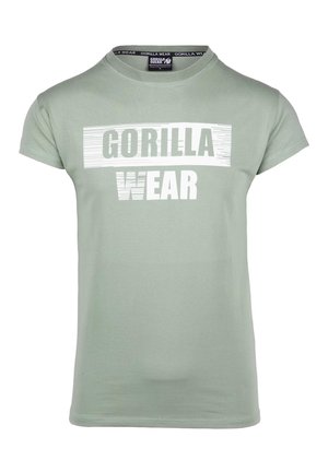 Lichtgroene katoenen t-shirt met korte mouwen en een ronde halslijn. Functies "GORILLA WEAR" bedrukt in vet witte tekst over de voorkant.