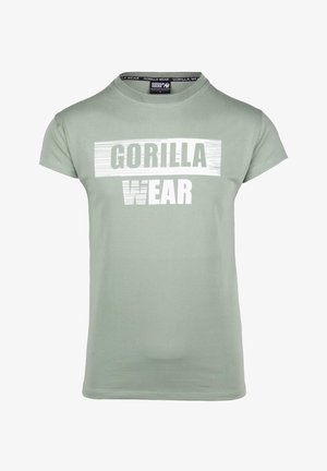 Lichtgroene katoenen t-shirt met korte mouwen en een ronde halslijn. Functies "GORILLA WEAR" bedrukt in vet witte tekst over de voorkant.