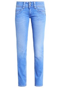 Světle modré džíny s rovnými nohavicemi, dvěma předními kapsami a zipem s dvěma kovovými knoflíky na pasu.