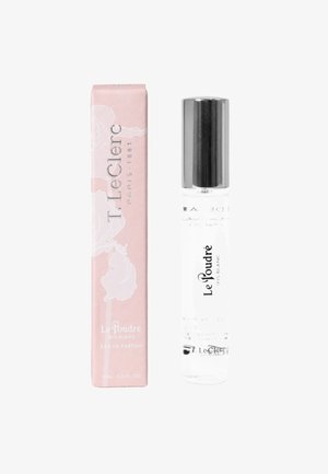 Small clear glass perfume bottle with silver cap labeled "Le Poudré Iris Blanc" next to pink rectangular box with "T. LeClerc" branding.
