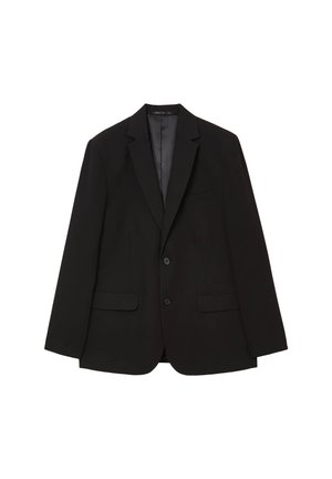 Schwarzer, taillierter Blazer aus glattem Stoff, mit zwei vorderen Taschen, zwei Knöpfen, einem Reverskragen und einem Schlitz hinten.