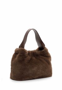 Brown faux fur handbag with a rounded shape, soft texture, and a wide leather handle. Subtle gather details enhance the design.