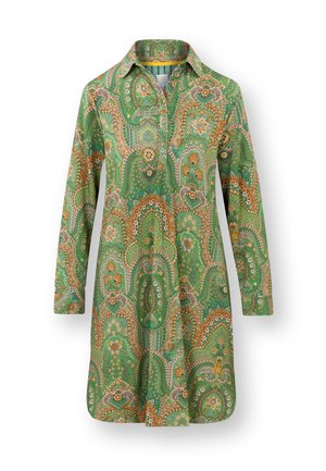Long-sleeve green dress with a paisley pattern in yellow, orange, blue, and beige, featuring a collar and half button placket.