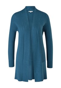 Teal kofta med ribbat textur, öppen front, långa ärmar och utsvängd nederkant. Tillverkad av mjukt, elastiskt material.