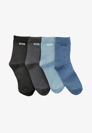 Set aus vier Knöchelsocken in Schwarz, Dunkelgrau, Hellblau und Dunkelblau. Aus einem Baumwollgemisch gefertigt, mit einer glatten Textur und "HIS"-Logo.