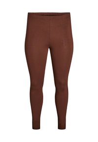Bruine leggings gemaakt van zachte, rekbare stof; hebben een gladde textuur, een full-length ontwerp en een elastische tailleband voor comfort.