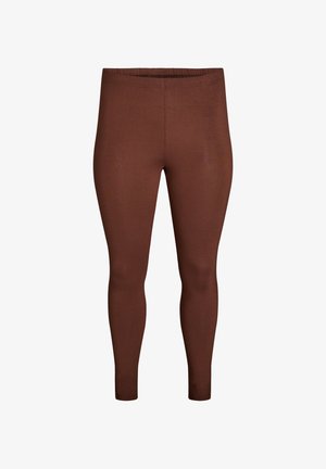 Brune leggings lavet af blødt, strækbart stof; har en glat overflade, fuld-længde design og en elastisk talje for optimal komfort.