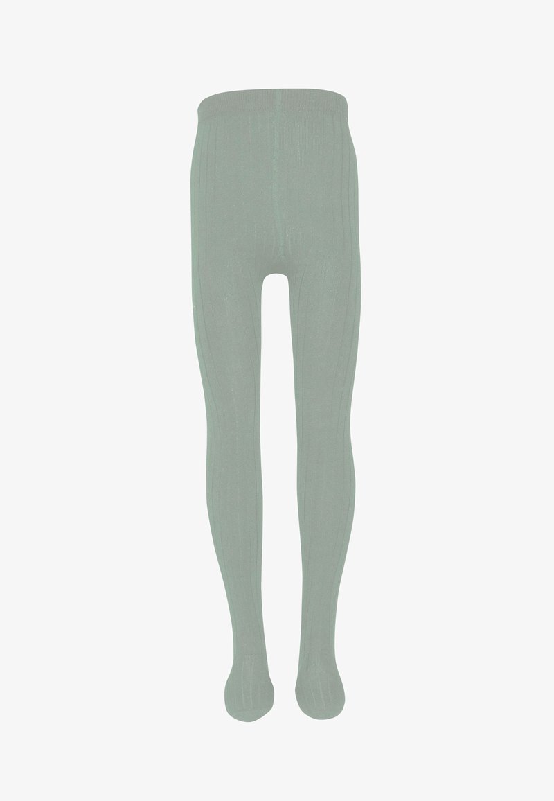 Collants côtelés vert clair avec une texture lisse et une coupe ajustée. Comprend une taille élastique douce pour le confort.