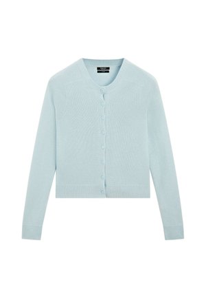 Cardigan azzurro chiaro lavorato a maglia con maniche lunghe e bottoni frontali, con polsini e orlo a costine.