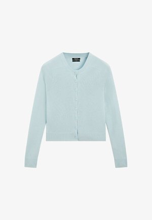 Hellblauer gestrickter Cardigan mit langen Ärmeln und Knöpfen vorne, mit gerippten Bündchen und Saum.