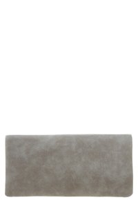 Szara skórzana kopertówka o gładkiej fakturze i prostokątnym kształcie, bez widocznych elementów metalowych lub akcentów, oferująca minimalistyczny design.