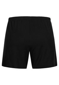 Zwarte shorts met een elastische tailleband, gemaakt van een zachte stof, met een eenvoudige, gladde textuur en zonder zichtbare versieringen.