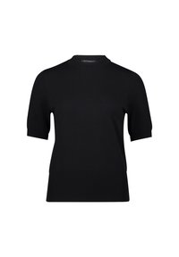 Top nero a maniche corte con collo alto, texture a costine e vestibilità dritta. Realizzato in un tessuto morbido ed elastico.