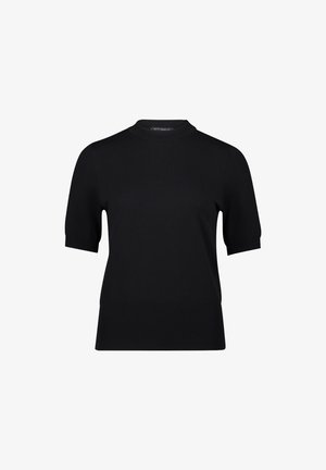 Fekete, rövidujjú felső, magas nyakkal, bordázott textúrával és egyenes szabással. Simább, rugalmas anyagból készült.