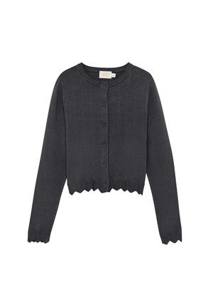 Ciemnoszary krótki kardigan z okrągłym dekoltem, teksturowaną przednią częścią, zapięciem na guziki oraz falowanym obszyciem przy dole i rękawach.