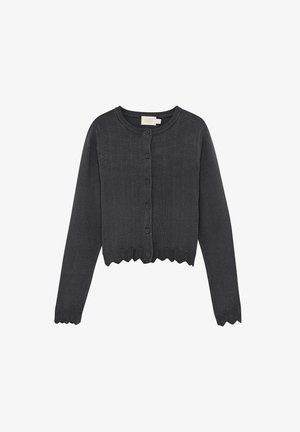Cardigan court gris foncé avec un col rond, un devant texturé, une fermeture par boutons, et un ourlet ainsi que des manches festonnés.