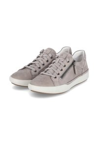 Grey suede sneakers with white rubber soles, featuring lace-up design, side zipper accent, and textured detailing.