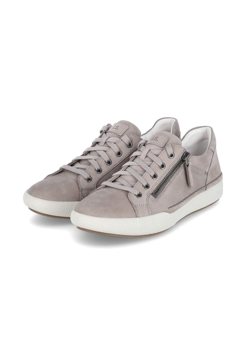 Grey suede sneakers with white rubber soles, featuring lace-up design, side zipper accent, and textured detailing.