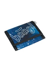 Borsa pieghevole con un motivo a galassia blu e testo bianco. Realizzata in tessuto resistente, presenta rifiniture nere e una cinghia di chiusura.
