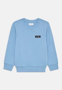Light blue sweatshirt made of cotton, featuring a round neckline, ribbed cuffs and hem, and a small black label with "Les Deux" on the front.