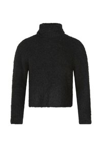 Zwarte coltrui van zacht, flonkerend materiaal; heeft lange mouwen en een cropped ontwerp met een geribbelde kraag.