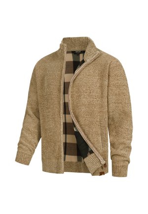 Suéter beige con cremallera y exterior texturizado, y cuello acanalado. El interior presenta un patrón de cuadros en marrón y marrón claro.