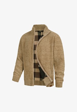 Maglione beige con zip, con un'esterno testurizzato e colletto a costine. L'interno presenta un motivo a quadri marrone e beige.