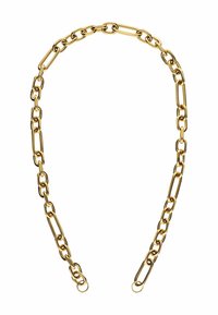 Collier en chaîne dorée composé de maillons ovales allongés et entrelacés, avec une texture métallique lisse et sans accents supplémentaires.