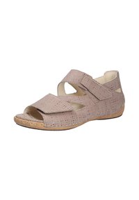Open-toe sandalen van lichtroze leer met geperforeerd ontwerp, kurken zool en verstelbare klittenbandsluitingen voor een goede pasvorm.