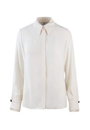 White long-sleeve blouse with a button-down collar, featuring a slight sheen, cuffed sleeves, and black button accents on cuffs.