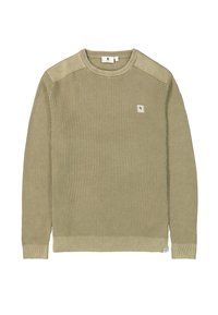 Olivgrüner Waffelstrickpullover mit gerippten Bündchen und Saum, mit Schulterpatches und einem kleinen Logotag auf der Vorderseite.