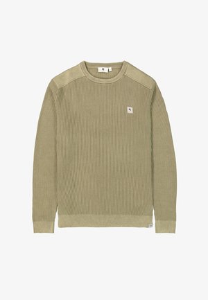 Suéter de punto waffle verde oliva con puños y dobladillo acanalados, con parches en los hombros y una pequeña etiqueta de logo en la parte delantera.