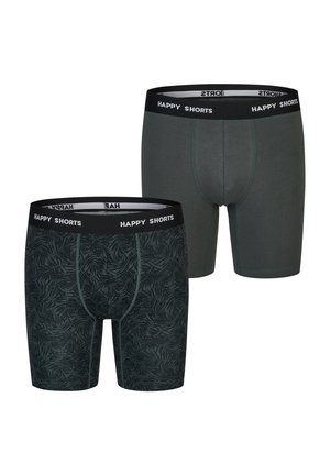 Boxersæt bestående af et par i ensfarvet mørkegrøn og et andet med et mørkegrønt bladmønster. Begge har sorte "HAPPY SHORTS" elastikker.