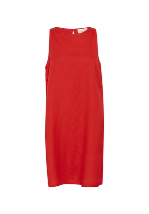 Red sleeveless dress made of smooth fabric, featuring a simple cut, round neckline, and a small back keyhole detail.