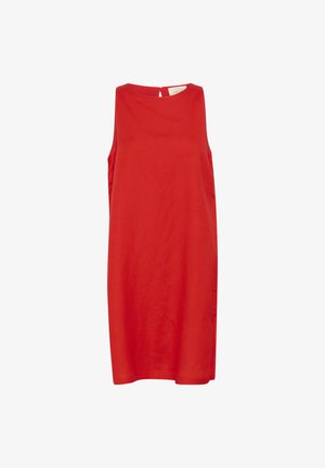 Red sleeveless dress made of smooth fabric, featuring a simple cut, round neckline, and a small back keyhole detail.