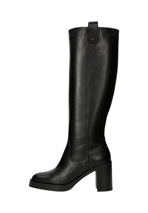 Zwarte leren laars tot over de knie met blokhak en aantreklus, met een gladde afwerking en verticale stiksels langs de schacht.
