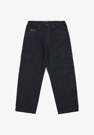 Dark denim cargo pants featuring a relaxed fit, multiple cargo pockets, and contrasting orange stitching. Blue waistband label visible.