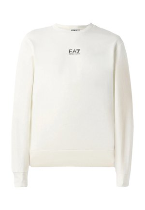 Felpa bianca realizzata in morbido cotone misto, con colletto girocollo, maniche lunghe e un piccolo logo nero sul petto. Fondo e maniche con polsini.