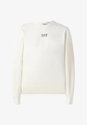 Felpa bianca realizzata in morbido cotone misto, con colletto girocollo, maniche lunghe e un piccolo logo nero sul petto. Fondo e maniche con polsini.