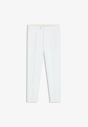 White tailored trousers with a smooth texture, featuring front pleats, side pockets, and a button closure at the waistband.
