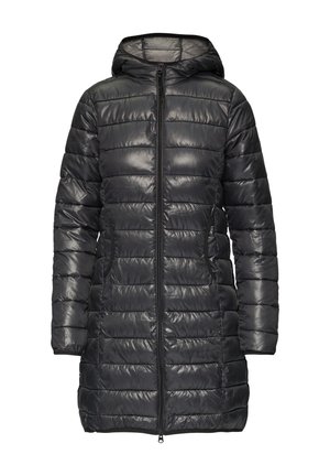 Gesteppt schwarzer langer Mantel mit Kapuze, mit einem Reißverschluss vorne, seitlichen Taschen und einer glänzenden Textur. Horizontal gestepptes Design über die gesamte Länge.