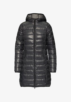 Manteau long noir rembourré avec capuche, doté d'une fermeture éclair à l'avant, de poches latérales et d'une texture brillante. Design matelassé horizontal sur l'ensemble.