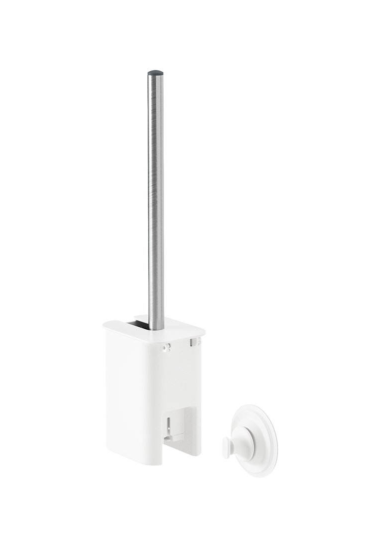 Ensemble de porte-brosse de toilettes comprenant une base en plastique blanc, un manche de brosse en acier inoxydable et un support mural rond.